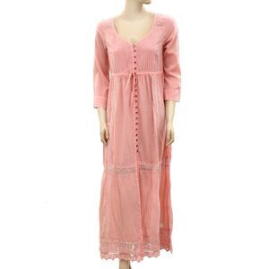 Odd Molly Anthropologie Lace Maxi Dress Buttondown Pink Pintuck S-1 NWD 230754